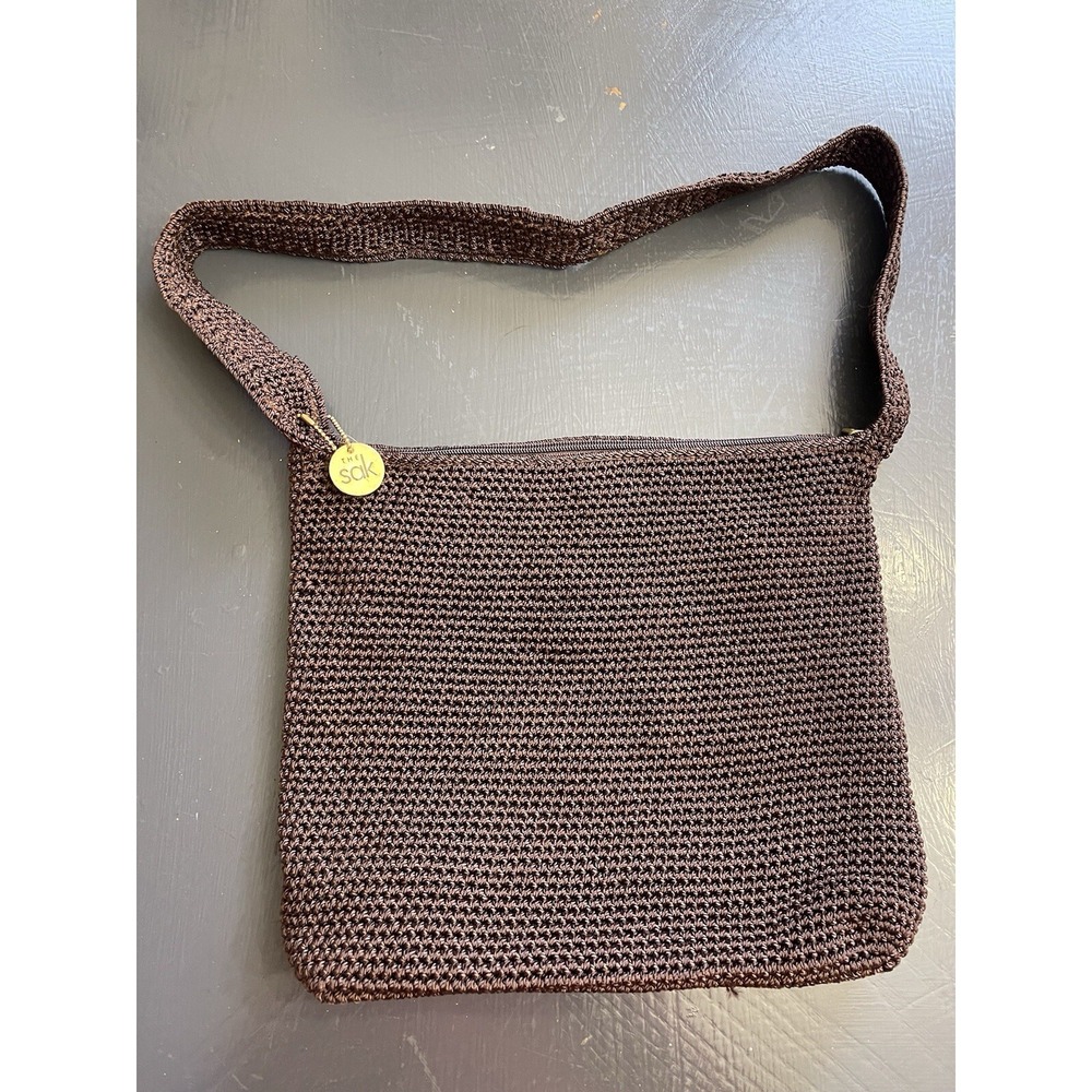 The Sak Brown Woven Purse Boho Hobo  Logo EUC